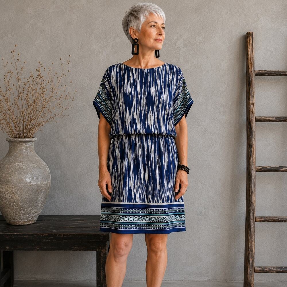 Chico's Blue White Abstract Stripe Blouson Elastic Waist Dress 3